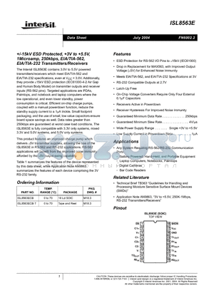 ISL8563ECB-T datasheet - /-15kV ESD Protected, 3V to 5.5V, 1Microamp, 250kbps, EIA/TIA-562, EIA/TIA-232 Transmitters/Receivers