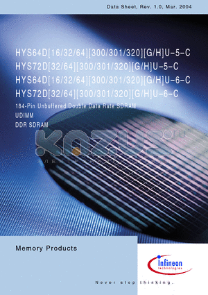 HYS64D16301HU-6-C datasheet - 184-Pin Unbuffered Double Data Rate SDRAM