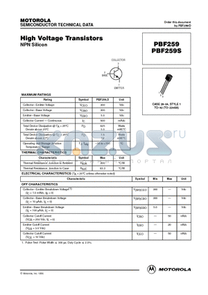 PBF259 datasheet - High Voltage Transistors
