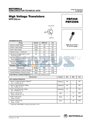 PBF259S datasheet - High Voltage Transistors