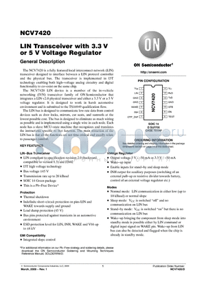 NCV7420D23G datasheet - LIN Transceiver with 3.3V or 5 V Voltage Regulator
