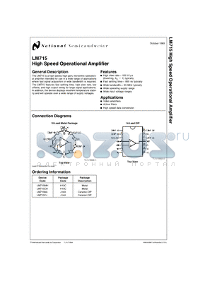 LM715CH datasheet - High Speed Operational Amplifier