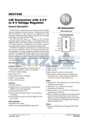 NCV7420D26R2G datasheet - LIN Transceiver with 3.3V or 5 V Voltage Regulator