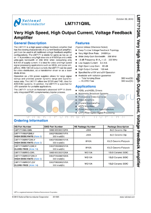 LM7171AMJ-QML datasheet - Very High Speed, High Output Current, Voltage Feedback Amplifier