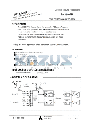 M61500FP datasheet - TONE CONTROL/VOLUME CONTROL