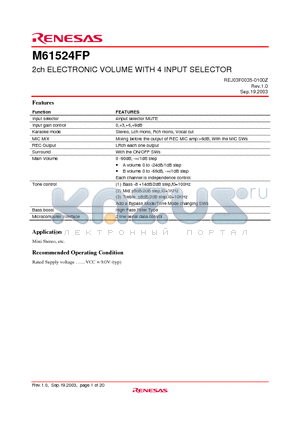 M61524FP datasheet - 2ch ELECTRONIC VOLUME WITH 4 INPUT SELECTOR