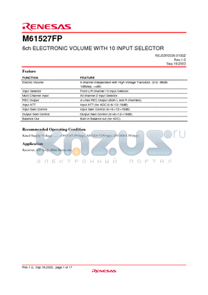 M61527FP datasheet - 6ch ELECTRONIC VOLUME WITH 10 INPUT SELECTOR
