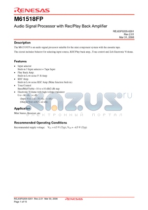 M61518FP datasheet - Audio Signal Processor with Rec/Play Back Amplifier