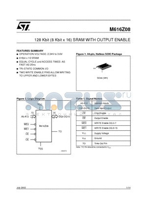 M616Z08 datasheet - 128 Kbit 8 Kbit x 16 SRAM WITH OUTPUT ENABLE