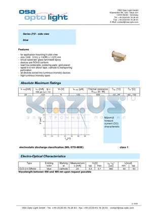 OLS-210BA460 datasheet - Series 210 - side view blue