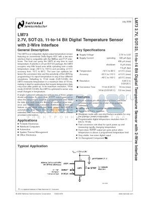 LM73CIMK-1 datasheet - 2.7V, SOT-23, 11-to-14 Bit Digital Temperature Sensor with 2-Wire Interface