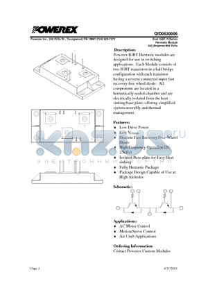 QID0630006 datasheet - Dual IGBT H-Series Hermetic Module (300 Amperes/600 Volts)