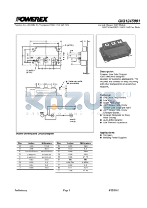 QIQ1245001 datasheet - Low side Chopper IGBT Module 1200V 450A IGBT / 1200V 750A Fast Diode