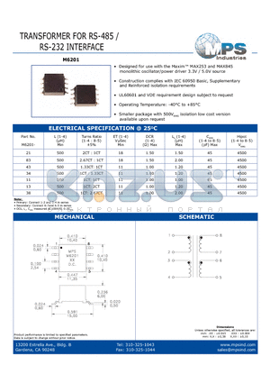 M6201-11 datasheet - TRANSFORMER FOR RS-485 / RS-232 INTERFACE