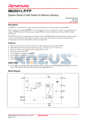 M62021FP datasheet - System Reset IC with Switch for Memory Backup