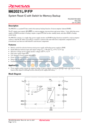 M62021L datasheet - System Reset IC with Switch for Memory Backup