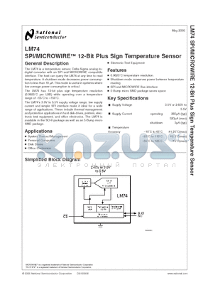 LM74CIBPX- datasheet - SPI/MICROWIRE 12-Bit Plus Sign Temperature Sensor