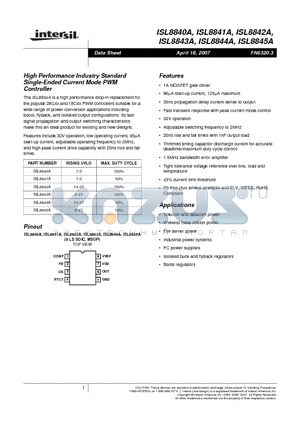 ISL8841AMBZ datasheet - High Performance Industry Standard Single-Ended Current Mode PWM Controller