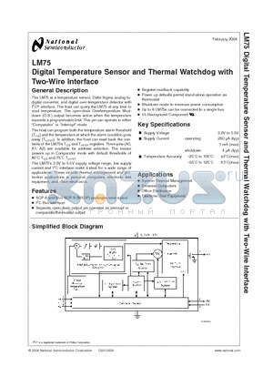 LM75 datasheet - Digital Temperature Sensor and Thermal WATCHDOG with Two-Wire Interface