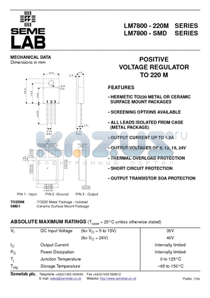 LM7800-220M datasheet - POSITIVE VOLTAGE REGULATOR TO 220 M