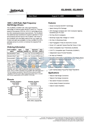 ISL89400ABZ datasheet - 100V, 1.25A Peak, High Frequency Half-Bridge Drivers