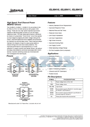 ISL89410IBZ-T13 datasheet - High Speed, Dual Channel Power MOSFET Drivers