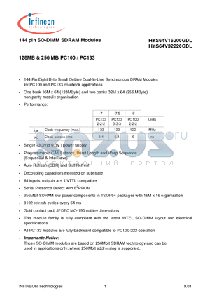 HYS64V16200GDL-7 datasheet - 144 pin SO-DIMM SDRAM Modules