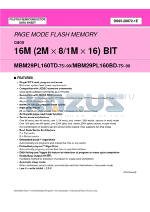 MBM29PL160BD-75 datasheet - 16M (2M x 8/1M x 16) BIT