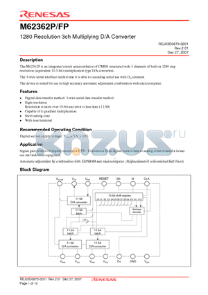 M62362P datasheet - 1280 Resolution 3ch Multiplying D/A Converter