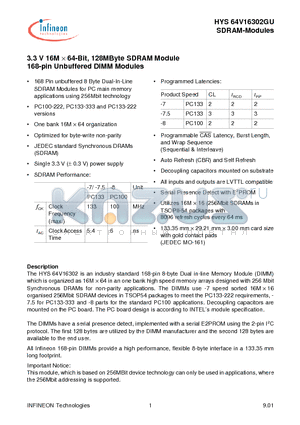 HYS64V16302GU-7-D datasheet - 3.3 V 16M  64-Bit, 128MByte SDRAM Module 168-pin Unbuffered DIMM Modules