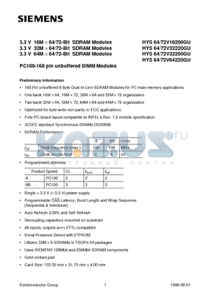 HYS64V32200GU-8 datasheet - 3.3 V 16M x 64/72-Bit SDRAM Modules 3.3 V 32M x 64/72-Bit SDRAM Modules 3.3 V 64M x 64/72-Bit SDRAM Modules