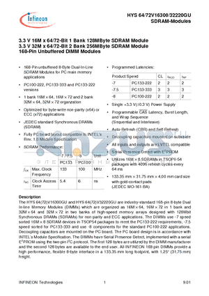 HYS64V32220GU-7.5-C2 datasheet - 3.3 V 16M x 64/72-Bit 1 Bank 128MByte SDRAM Module 3.3 V 32M x 64/72-Bit 2 Bank 256MByte SDRAM Module 168-Pin Unbuffered DIMM Modules