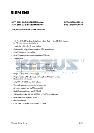 HYS64V8000GU datasheet - 3.3V 8M x 64-Bit SDRAM Module 3.3V 8M x 72-Bit SDRAM Module