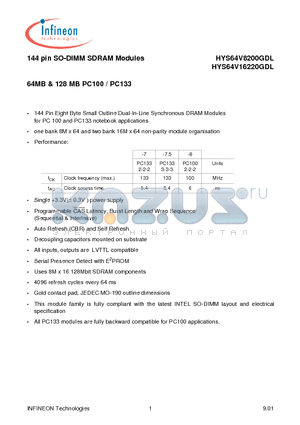 HYS64V8200GDL-7 datasheet - 144 pin SO-DIMM SDRAM Modules