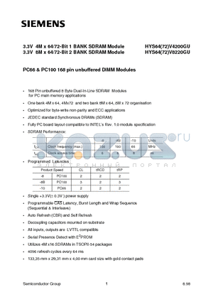 HYS64V8220GU-8 datasheet - 3.3V 4M x 64/72-Bit 1 BANK SDRAM Module 3.3V 8M x 64/72-Bit 2 BANK SDRAM Module