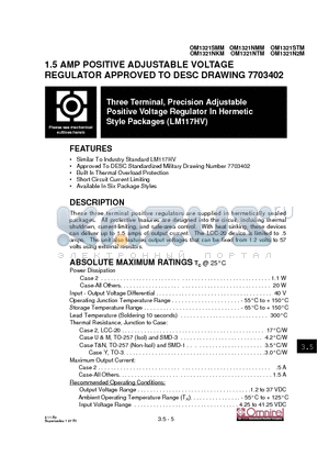 OM1321NMM datasheet - 1.5 AMP POSITIVE ADJUSTABLE VOLTAGE REGULATOR APPROVED TO DESC DRAWING 7703402