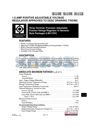 OM1321NTM datasheet - 1.5 AMP POSITIVE ADJUSTABLE VOLTAGE REGULATOR APPROVED TO DESC DRAWING 7703402