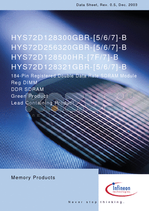 HYS72D128300GBR datasheet - 184-Pin Registered Double Data Rate SDRAM Module