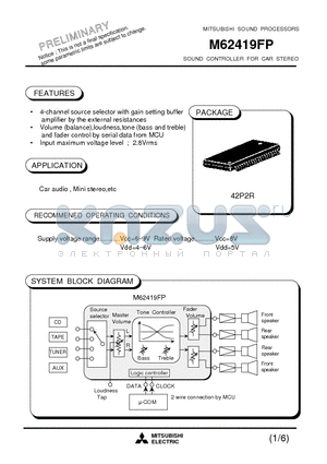 M62419FP datasheet - SOUND CONTROLLER FOR CAR STEREO