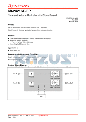 M62421SP datasheet - Tone and Volume Controller with 2 Line Control