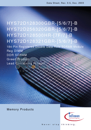 HYS72D128300GBR-6-B datasheet - 184-Pin Registered Double Data Rate SDRAM Module