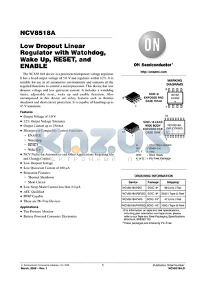 NCV8518APDG datasheet - Low Dropout Linear Regulator with Watchdog, Wake Up, RESET, and ENABLE