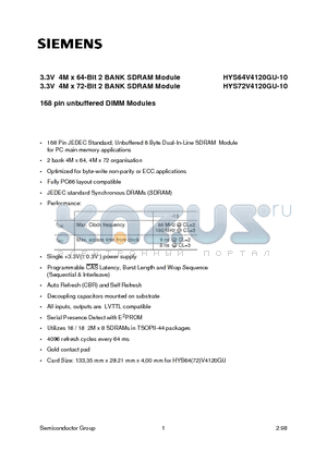 HYS64V4120GU datasheet - 3.3V 4M x 64-Bit 2 BANK SDRAM Module 3.3V 4M x 72-Bit 2 BANK SDRAM Module