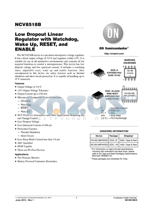 NCV8518BPDR2G datasheet - Low Dropout Linear Regulator with Watchdog, Wake Up, RESET, and ENABLE