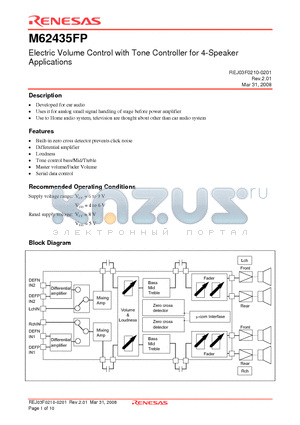 M62435FP datasheet - Electric Volume Control with Tone Controller for 4-Speaker Applications