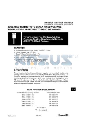 OM1805NTM datasheet - ISOLATED HERMETIC TO-257AA FIXED VOLTAGE REGULATORS APPROVED TO DESC DRAWINGS