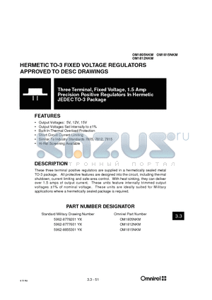 OM1815NKM datasheet - HERMETIC TO-3 FIXED VOLTAGE REGULATORS APPROVED TO DESC DRAWINGS