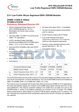 HYS72D128520GR-7F-B datasheet - Low Profile Registered DDR-I SDRAM-Modules