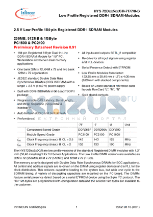 HYS72D128521GR-8-B datasheet - Low Profile Registered DDR-I SDRAM-Modules