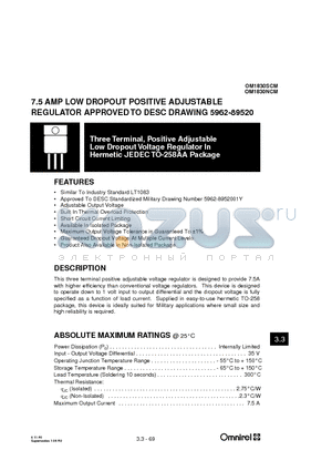 OM1830NCM datasheet - 7.5 AMP LOW DROPOUT POSITIVE ADJUSTABLE REGULATOR APPROVED TO DESC DRAWING 5962-89520